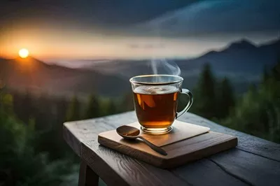 عکس یک فنجان چای روی میز چوبی با نمایی از غروب آفتاب