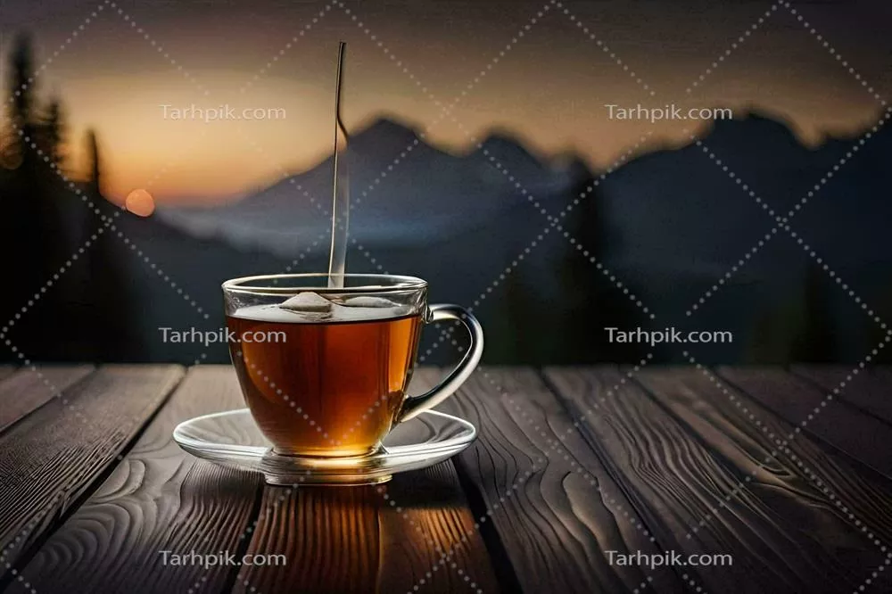 عکس یک فنجان چای داغ بر روی میز چوبی در مقابل کوهستان زیبا