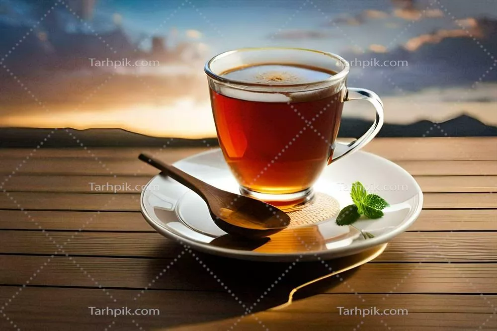 عکس یک فنجان چای داغ بر روی میز چوبی با طراحی هوش مصنوعی