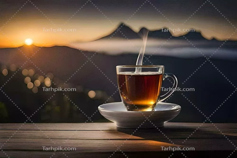 عکس یک فنجان چای روی میز چوبی با نمای کوهستانی زیبا