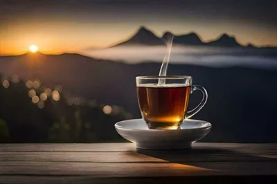 عکس یک فنجان چای روی میز چوبی با نمای کوهستانی زیبا