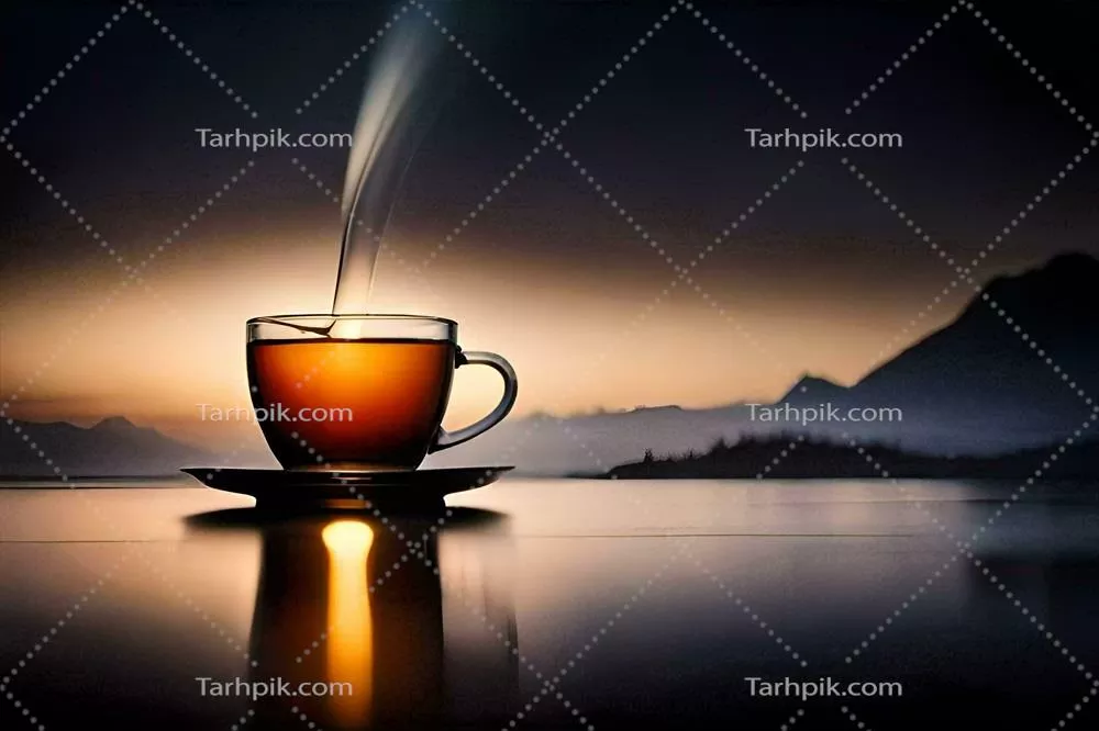 عکس یک فنجان چای روی نعلبکی با کوه های زیبا در پس زمینه