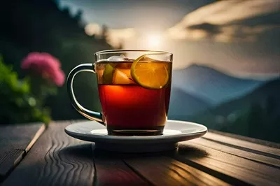 عکس یک فنجان چای با برش های لیمو بر روی میزی در مقابل کوهستان