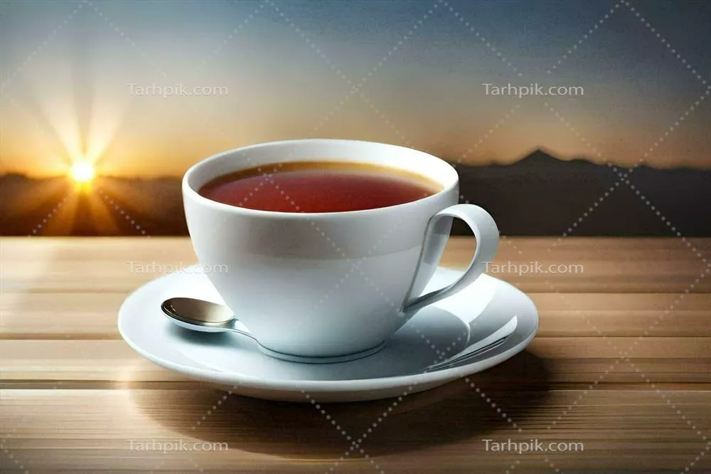 عکس یک فنجان چای روی میز چوبی در پس زمینه غروب آفتاب