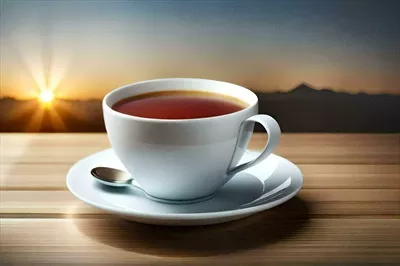 عکس یک فنجان چای روی میز چوبی در پس زمینه غروب آفتاب