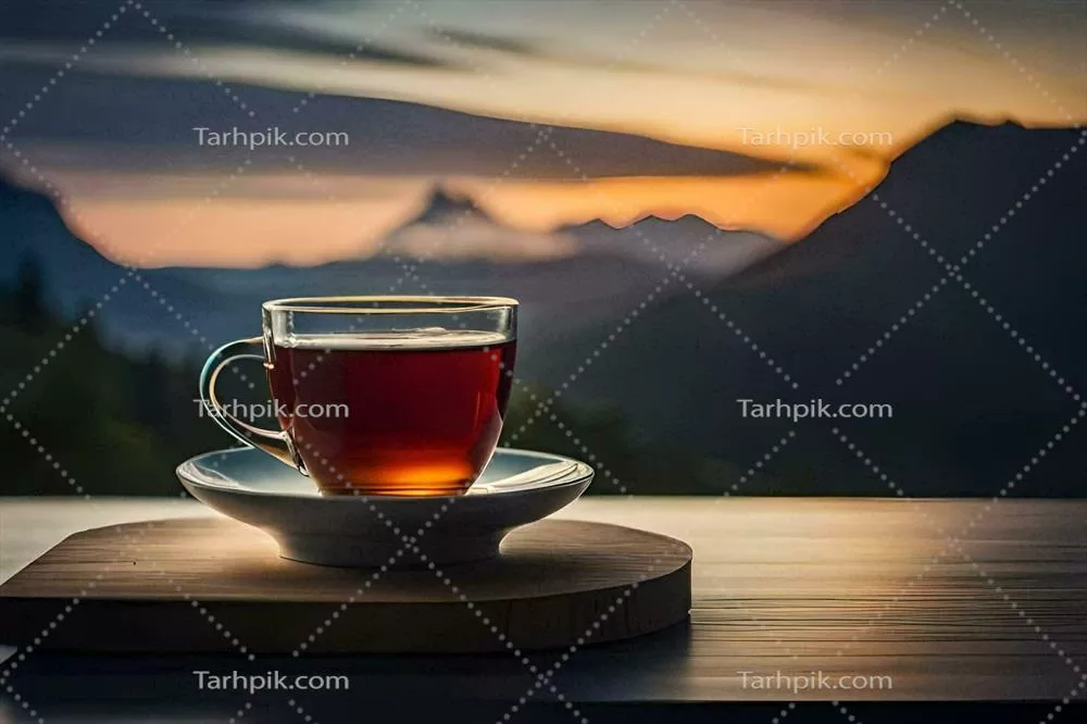 عکس یک فنجان چای بر روی میزی در مقابل کوه ها - تصویر هنری و زیبا