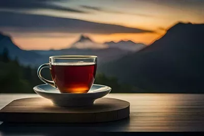 عکس یک فنجان چای بر روی میزی در مقابل کوه ها - تصویر هنری و زیبا