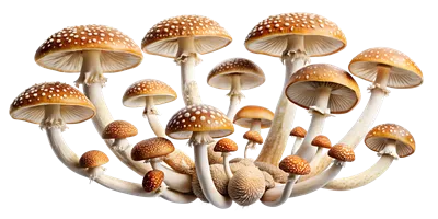 عکس دوربری تصویری زیبا از قارچ ها در خوشه ای طبیعی و شفاف
