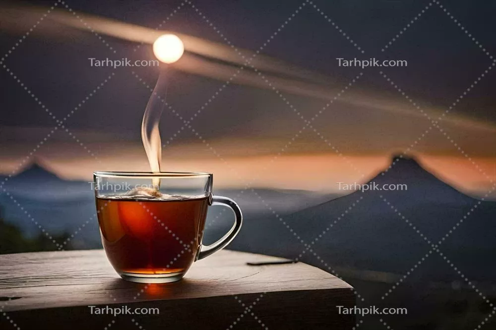 عکس چای داغ در یک فنجان زیبا بر روی میز چوبی در غروب آفتاب