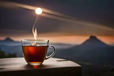 عکس چای داغ در یک فنجان زیبا بر روی میز چوبی در غروب آفتاب