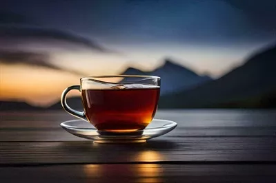 عکس یک فنجان چای بر روی میز چوبی در مقابل کوه ها