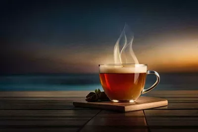 عکس یک فنجان چای روی میز چوبی در پس زمینه غروب آفتاب