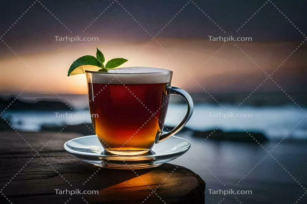 عکس فنجان چای زیبا بر روی میزی چوبی با دریا در پس زمینه