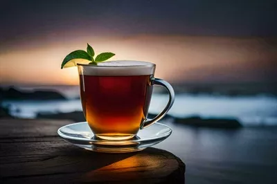 عکس فنجان چای زیبا بر روی میزی چوبی با دریا در پس زمینه