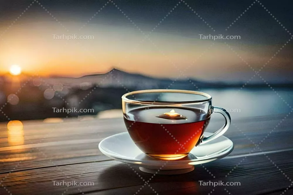 عکس یک فنجان چای روی میز چوبی با نمایی از غروب آفتاب