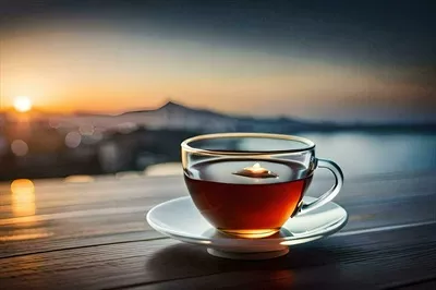 عکس یک فنجان چای روی میز چوبی با نمایی از غروب آفتاب
