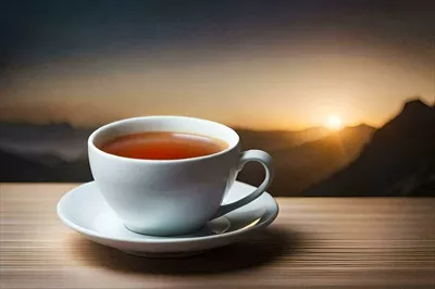 عکس یک فنجان چای بر روی میزی در مقابل کوه ها با نمایی زیبا