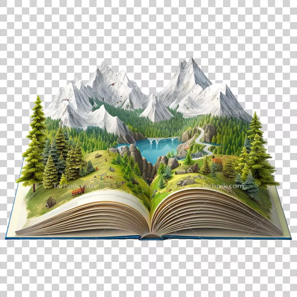 عکس دوربری تصویری زیبا از کوهستان و طبیعت در کتابی باز بر روی زمینه شفاف