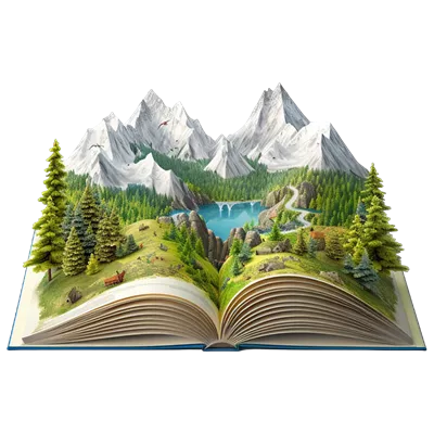 عکس دوربری تصویری زیبا از کوهستان و طبیعت در کتابی باز بر روی زمینه شفاف