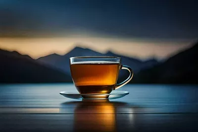 عکس یک فنجان چای بر روی میزی در مقابل کوه ها قرار دارد