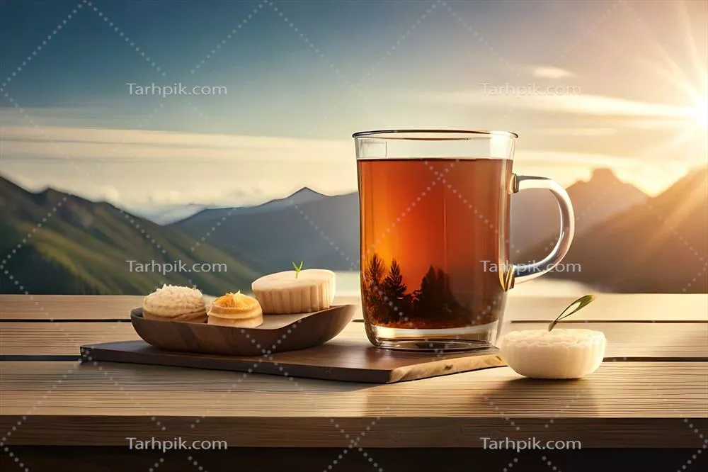 عکس یک فنجان چای و بیسکویت بر روی میز چوبی - تصویر هنری و زیبا