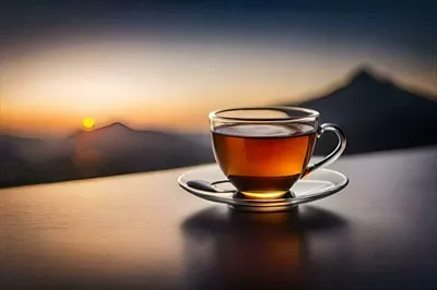 عکس یک فنجان چای بر روی میزی در مقابل کوهستان - تصویر هنری