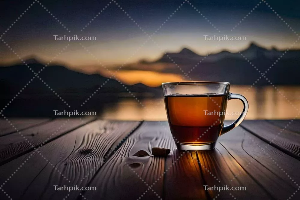 عکس یک فنجان چای روی میز چوبی با پس زمینه کوه های زیبا و دلنشین