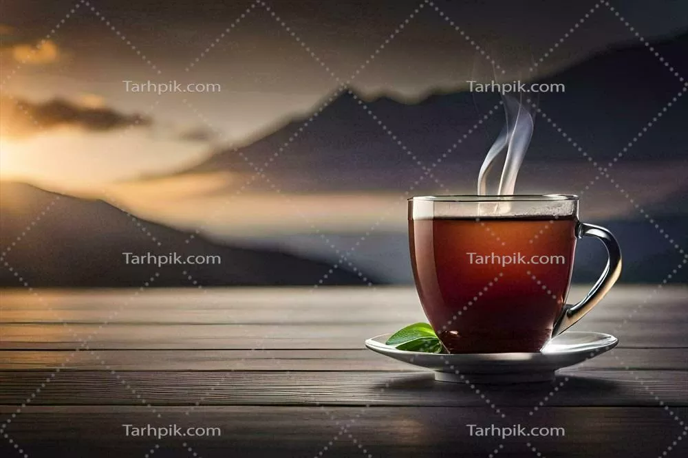 عکس یک فنجان چای روی میز چوبی با پس زمینه کوه های زیبا و دلنشین
