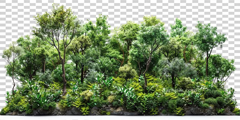 عکس دوربری منظره ای سرسبز از جنگل با درختان متنوع و پوشش گیاهی انبوه