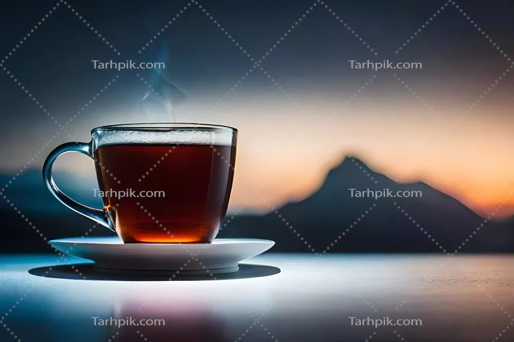 عکس یک فنجان چای بر روی میزی با پس زمینه کوه های زیبا و دلنشین
