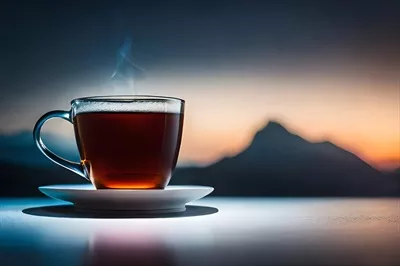 عکس یک فنجان چای بر روی میزی با پس زمینه کوه های زیبا و دلنشین