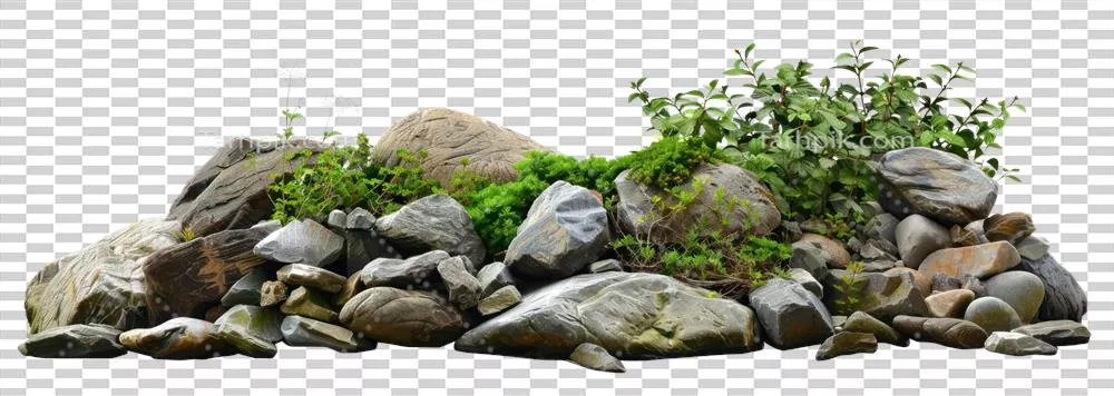 عکس دوربری باغ صخره ای آرام و زیبا با گیاهان متنوع و سنگ های طبیعی