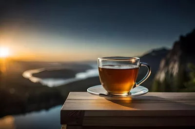 عکس چای داغی بر روی میزی در کنار دریاچه و کوه ها، نمایی آرامش بخش