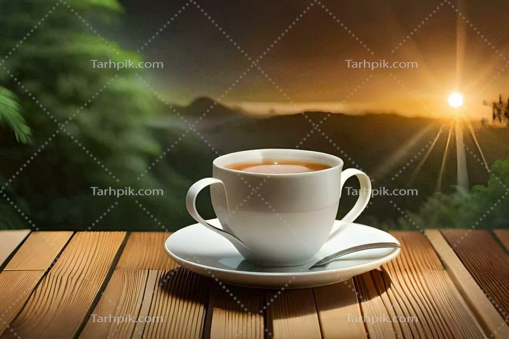 عکس یک فنجان چای بر روی میز چوبی با نمایی از کوه ها