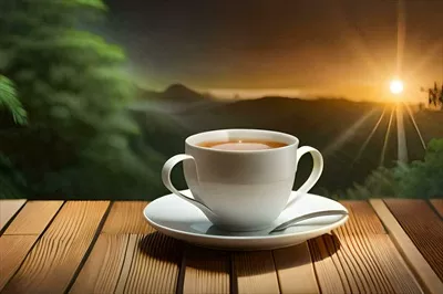 عکس یک فنجان چای بر روی میز چوبی با نمایی از کوه ها