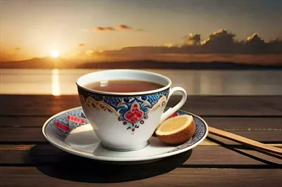 عکس یک فنجان چای روی میز چوبی در پس زمینه غروب آفتاب
