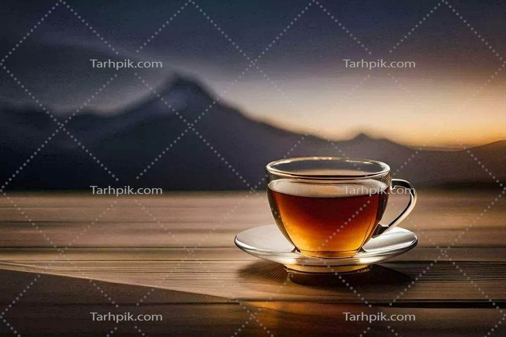 عکس یک فنجان چای روی میز چوبی با پس زمینه کوه های زیبا