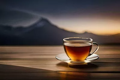 عکس یک فنجان چای روی میز چوبی با پس زمینه کوه های زیبا