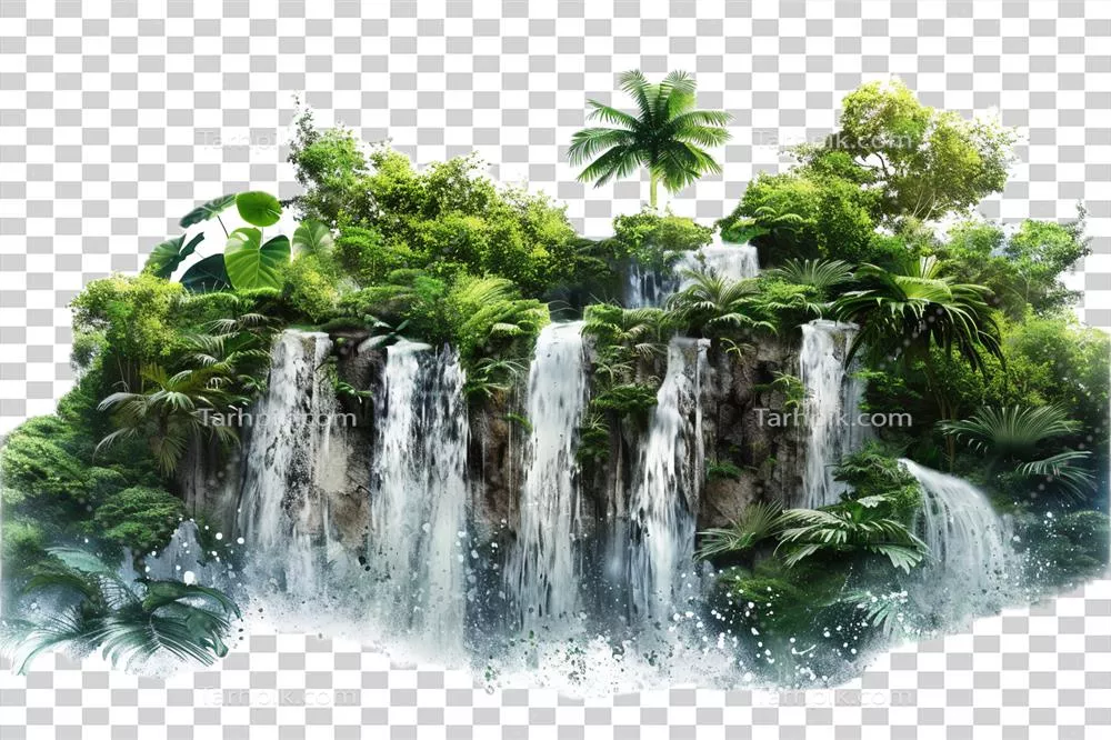 عکس دوربری تصویری زیبا از طبیعت سرسبز و آبشارهای خروشان بر روی سنگ ها