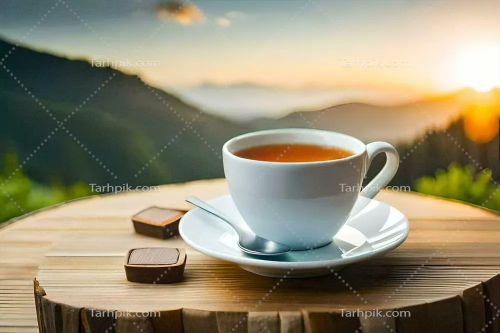 عکس یک فنجان چای بر روی میز چوبی با نمایی از کوه ها