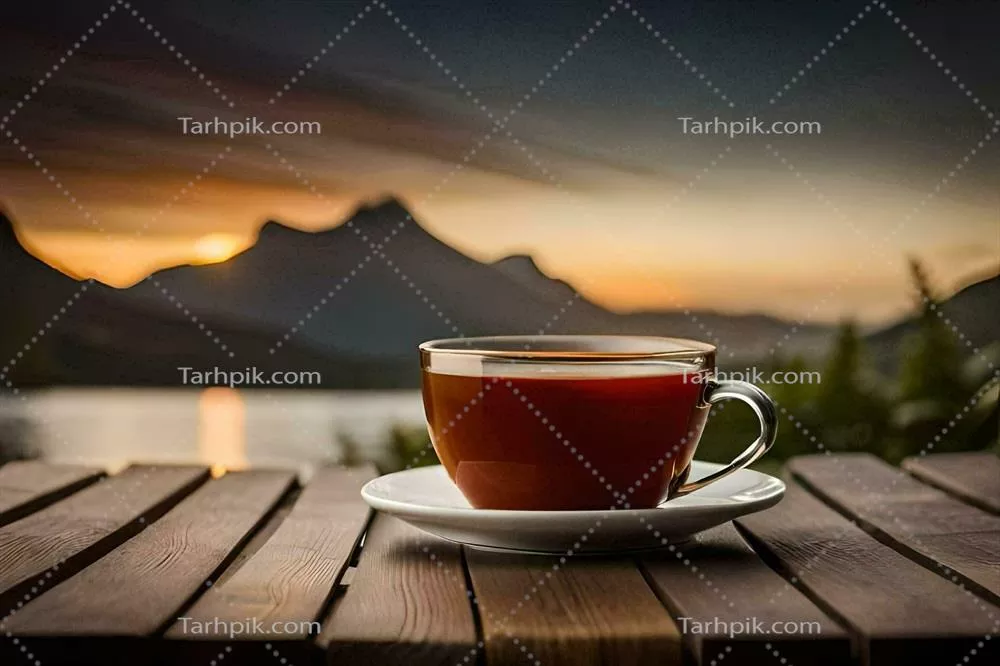 عکس یک فنجان چای داغ بر روی میز چوبی در کنار دریاچه زیبا