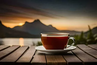 عکس یک فنجان چای داغ بر روی میز چوبی در کنار دریاچه زیبا