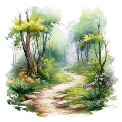 عکس دوربری نقاشی آبرنگی از مسیری پیچ در پیچ در دل جنگل سرسبز