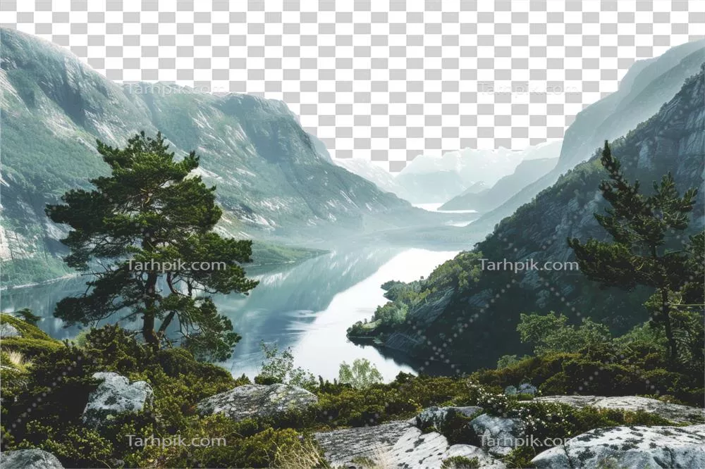 عکس دوربری تصویری زیبا از دریاچه ای آرام در دل کوهستان با cliffs سرسبز