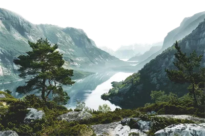 عکس دوربری تصویری زیبا از دریاچه ای آرام در دل کوهستان با cliffs سرسبز