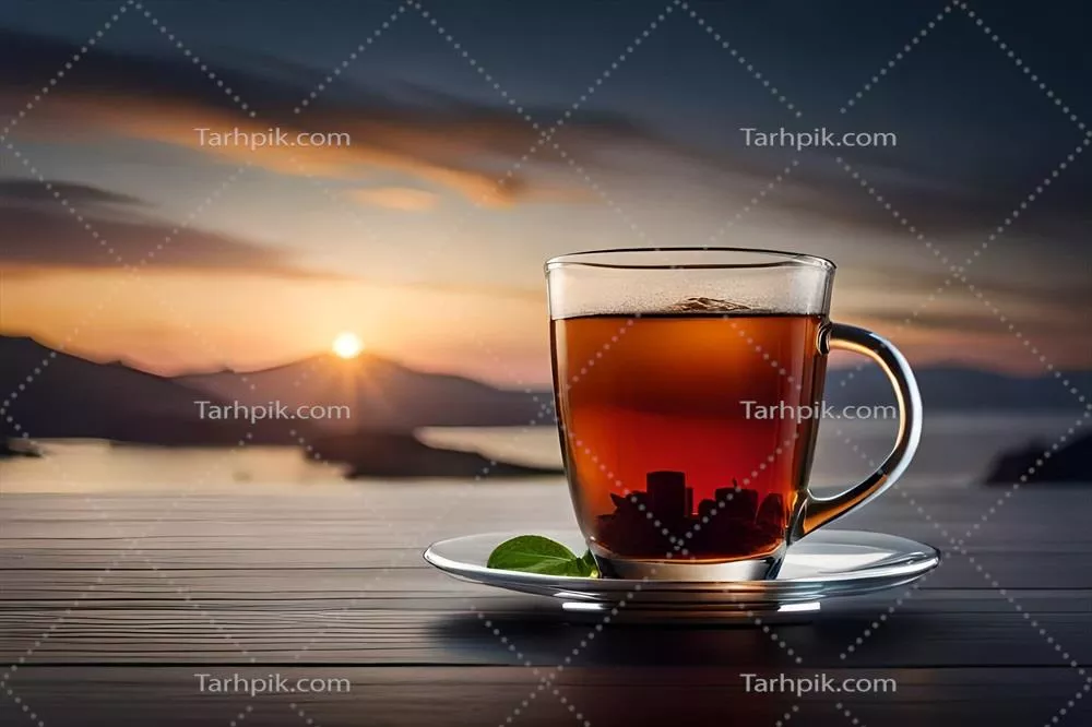 عکس یک فنجان چای روی میز چوبی در پس زمینه غروب آفتاب