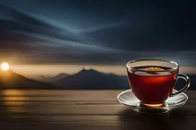 عکس یک فنجان چای بر روی میز چوبی با نمای کوهستانی زیبا