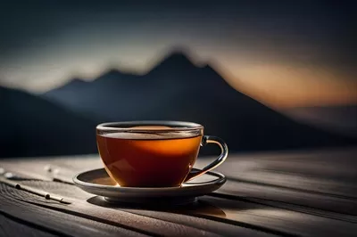 عکس یک فنجان چای بر روی میز چوبی در مقابل کوهستان - تصویر هنری