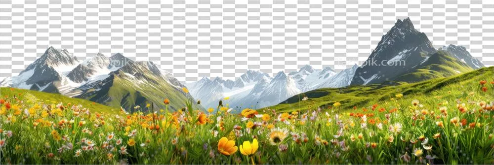 عکس دوربری منظره کوهستانی با دشت های گل دار در پس زمینه ای شفاف