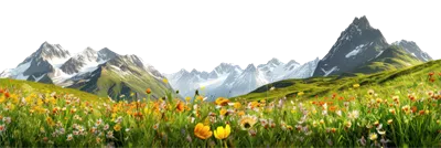 عکس دوربری منظره کوهستانی با دشت های گل دار در پس زمینه ای شفاف